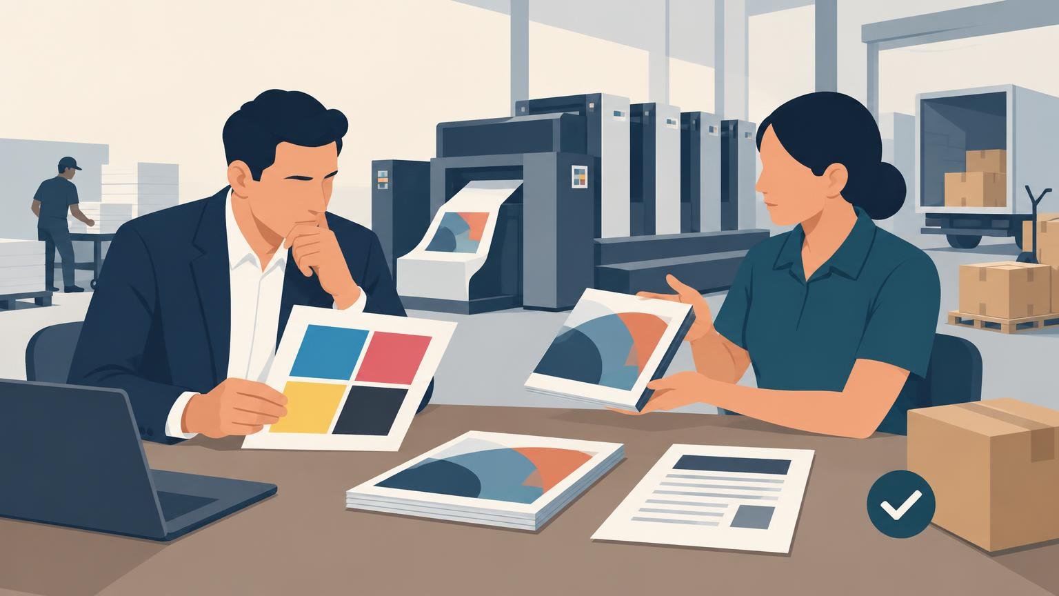 Flat editorial illustration of two people reviewing printed color samples and a document at a table in a commercial print shop, with large printing presses, paper stacks, boxes, and a delivery truck in the background.